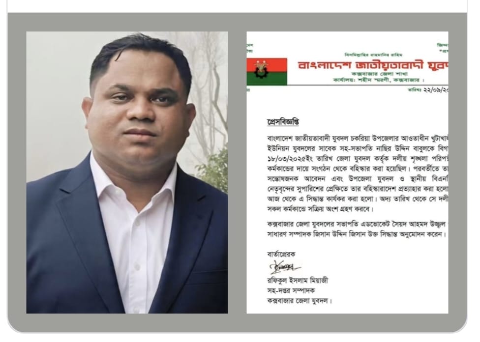 খুটাখালীর যুবদল নেতা নাছির উদ্দীন বাবুলের বহিষ্কারাদেশ প্রত্যাহার